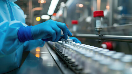 Pharmaceutical Production. Scientist Checking Vials on Conveyor Belt