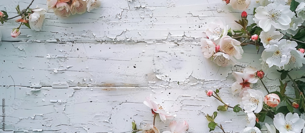 Fototapete sleek mockup for showcasing art with a white rustic backdrop featuring flowers and space for adverti