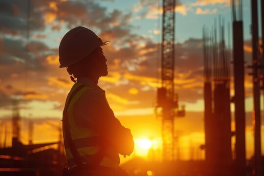 silhouette of engineer in hard hat and safety vest at construction site during dramatic sunset industrial background