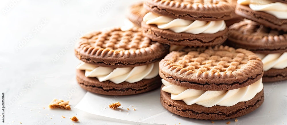 Poster sandwich cookies featuring creamy filling featured on a white backdrop with a clear area for additio