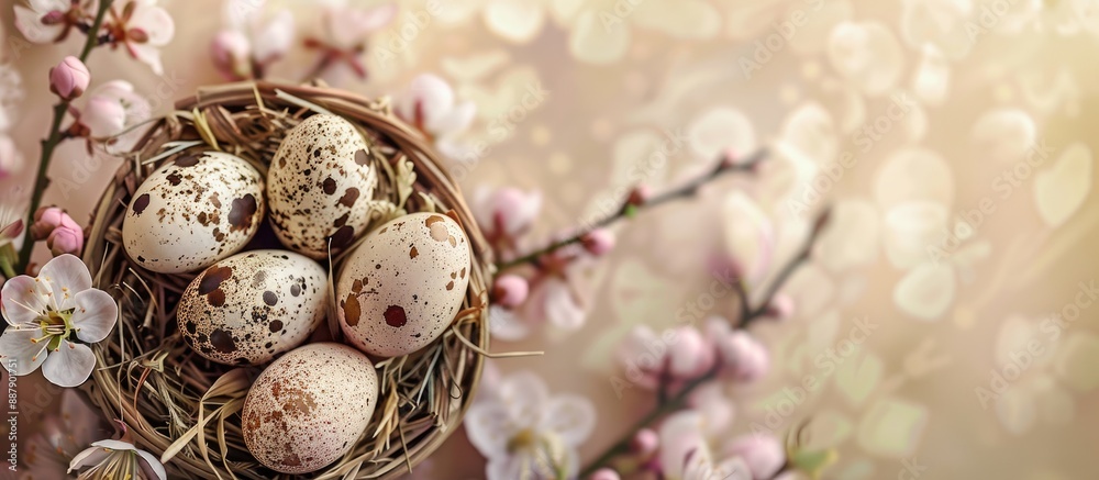 Leinwandbilder top view of quail eggs in natural hues and delicate blossoms in a basket on an easter themed backgro