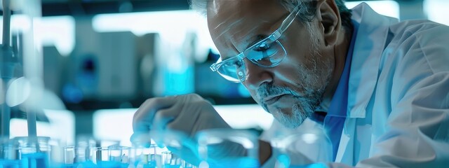 A man works in a laboratory with test tubes. Selective focus.