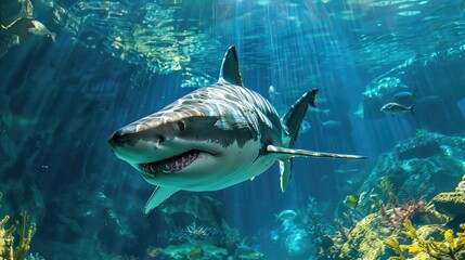 Obraz premium A large shark swims underwater. Selective focus.