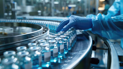 Fototapeta premium Pharmaceutical Production. Scientist Checking Vials on Conveyor Belt