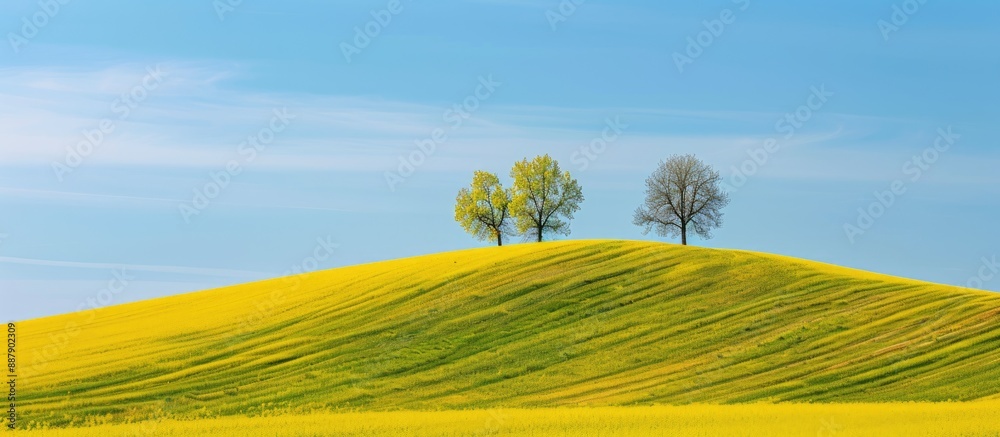 Poster Yellow rapeseed field with a tree grove on a hill provides a scenic view in this copy space image