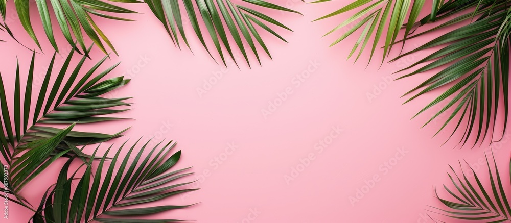 Fototapete Top view of palm branches on a pink backdrop with horizontal orientation allowing room for text or images copy space image