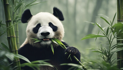 A panda eating bamboo in a lush forest, foggy morning
