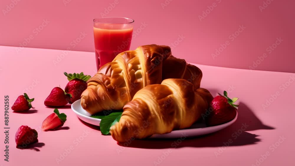 Sticker  Delicious morning delight  Croissants and strawberries with a refreshing beverage