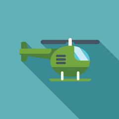 Fototapeta premium Green helicopter flying with long shadow over turquoise background