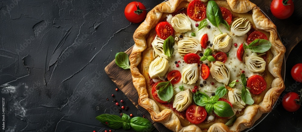 Aufkleber top view of a freshly baked puff pastry tart pizza featuring artichoke mozzarella tomatoes and chees