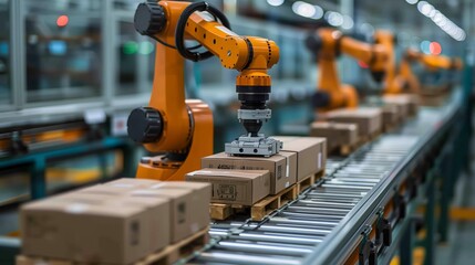 A robotic arm in a high-tech factory places a box onto a conveyor belt, showcasing automated production of robotic systems.