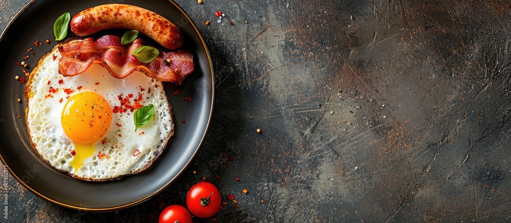 Poster View from the top showing a traditional English breakfast featuring a fried egg tomatoes sausage and bacon with a blank space for added content known as a copy space image