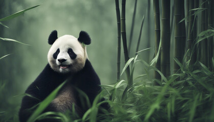 A panda eating bamboo in a lush forest, foggy morning

