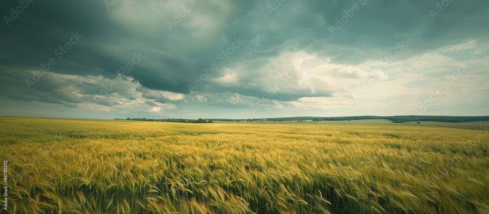 Poster scenic view featuring a field of lush yellow and green grass under a cloudy sky perfect for a copy s
