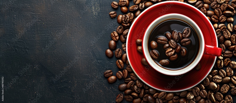Aufkleber roasted coffee beans in a red coffee cup with a white border on a black background with copy space i