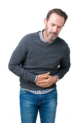 Fototapeta premium Handsome middle age senior man wearing a sweater over isolated background with hand on stomach because nausea, painful disease feeling unwell. Ache concept.