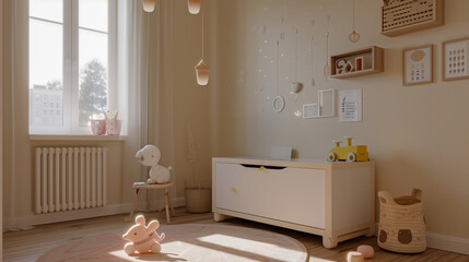 a baby’s room with delicate details decoration with warm light and warm wood colors