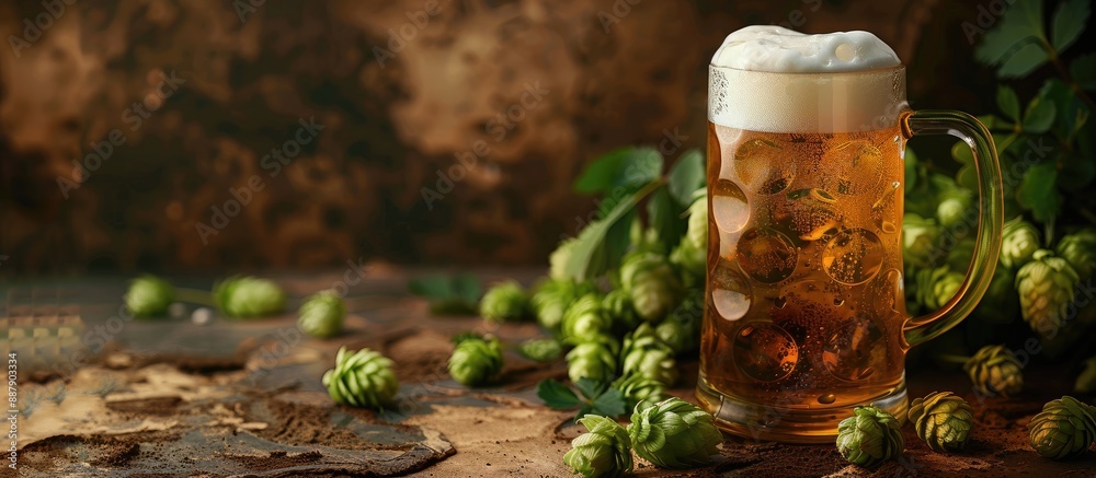 Aufkleber close up of a glass mug filled with light beer and topped with frothy white foam garnished with ripe