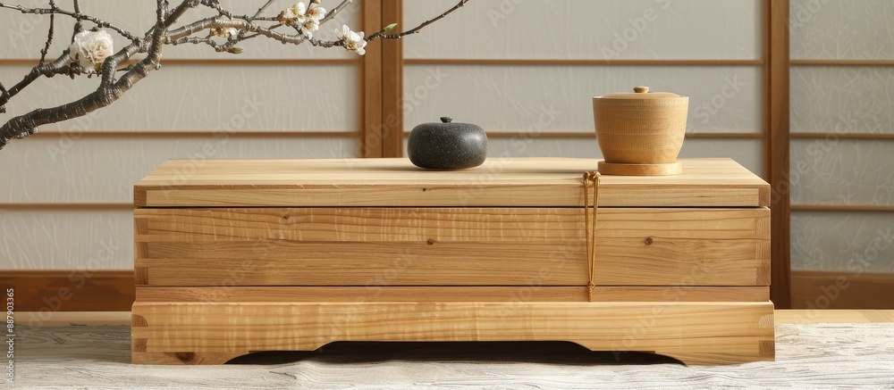Aufkleber Japanese wood chest of drawers with a clean design and ample storage space ideal for organizing and adding a touch of style to a room featuring a chic copy space image