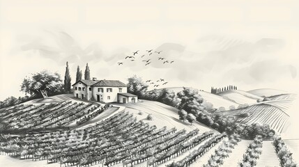 Nature. Landscape vineyard and farm. European landscape. Typography posters design. Simple pencil drawing