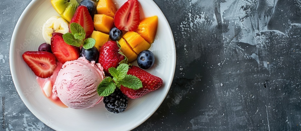 Poster a white plate with crape topped with assorted tropical fruit accompanied by strawberry ice cream all