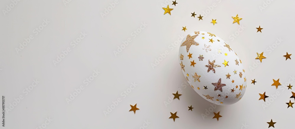 Poster White Easter egg adorned with glittering stars set against a white backdrop creating a minimalistic Easter theme for a greeting card featuring ample copy space Top down view in flat lay style