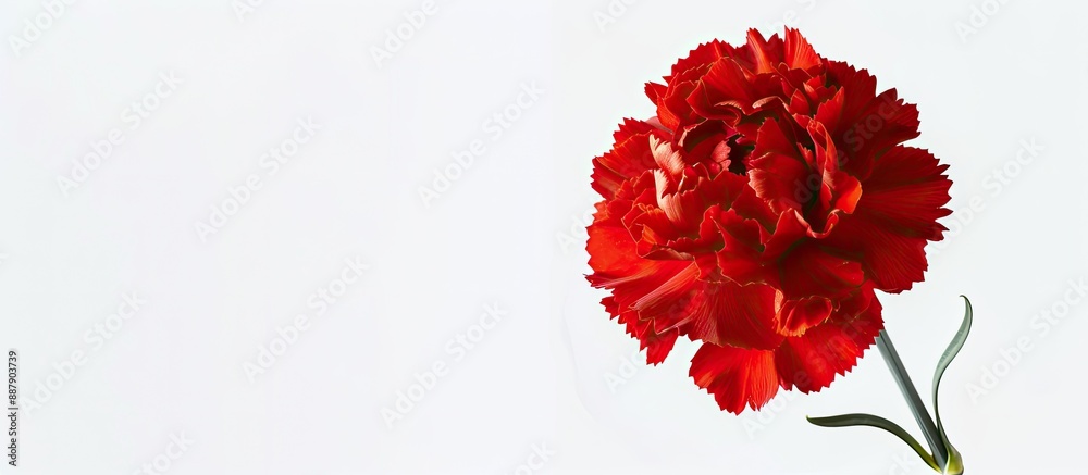 Poster a stunning red carnation flower with copy space image on a white backdrop