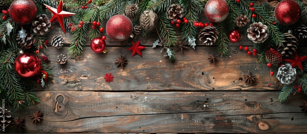 Poster christmas themed greeting card with spruce branches festive ornaments and toys depicted on a rustic 