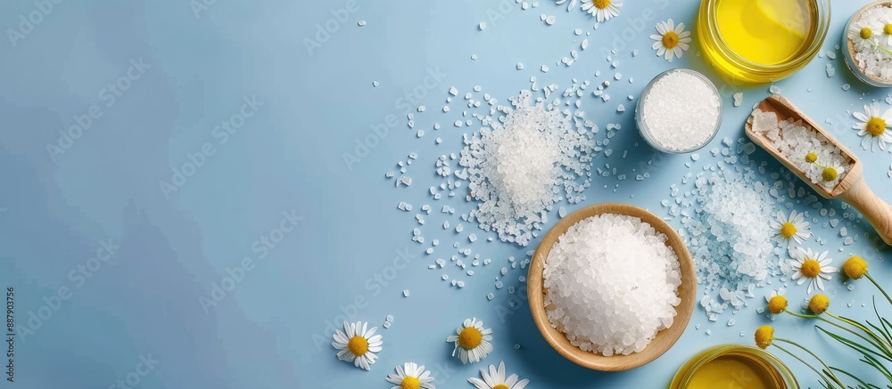 Fototapete chamomile spa products with herbal ingredients like salt soap and oil displayed on a blue background