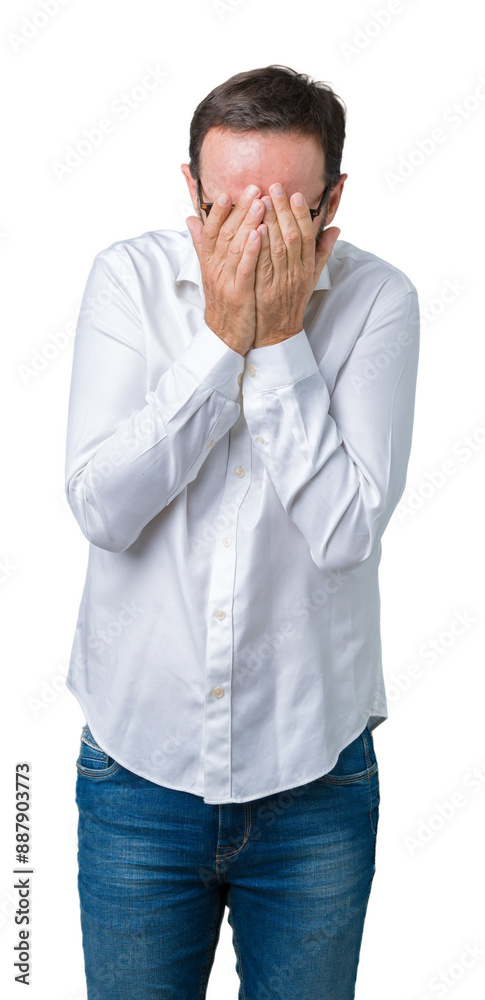 Canvas Prints Handsome middle age elegant senior business man wearing glasses over isolated background with sad expression covering face with hands while crying. Depression concept.