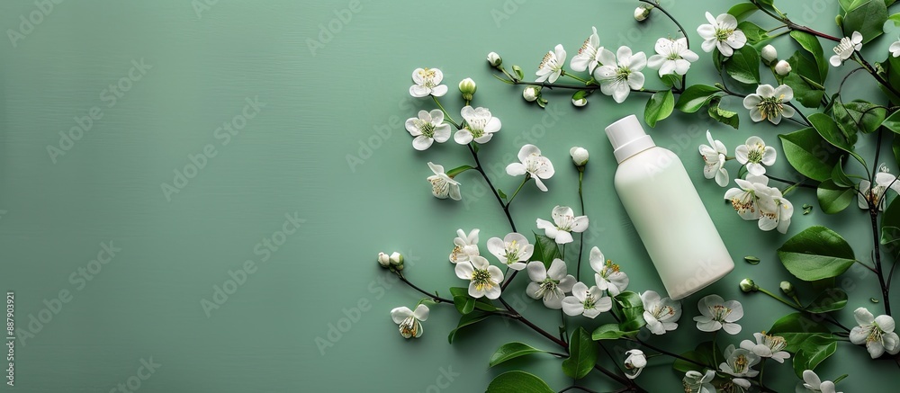 Poster flat lay arrangement featuring a cosmetic bottle and flowers on a green background emphasizing minim