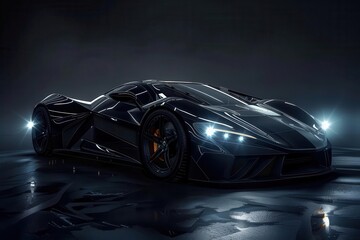 sleek elegant black sports car illuminated by spotlights on dark background digital painting