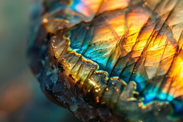 A close-up of a labradorite gemstone showing its iridescent play of colors in the light, 