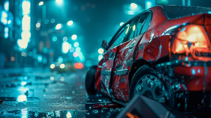 A close-up scene of a car accident at night in bad weather, illustrating the challenging and dangerous conditions on the road.


