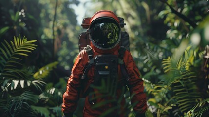 astronaut in a red space suit as explorer in jungle, wide-shot, cinema-style, hyperrealistic 