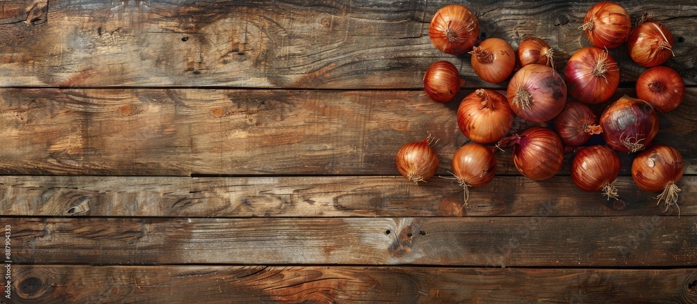 Aufkleber Old rustic wood table background with Spanish onions creating copy space image