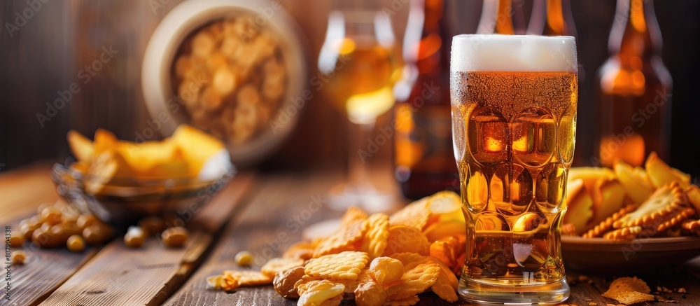 Aufkleber Wooden table with lager beer and snacks creating the perfect backdrop for a copy space image