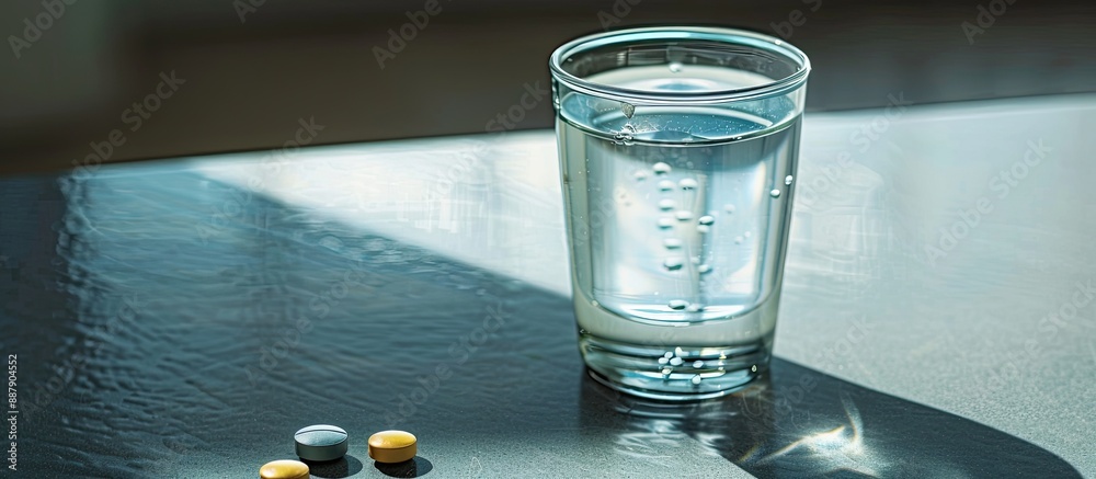 Poster a glass of water with medication next to it featuring copy space image
