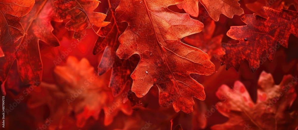 Fototapete Fall themed background featuring red oak leaves in transition symbolizing the changing seasons from summer to fall ideal for Thanksgiving Day with ample copy space image