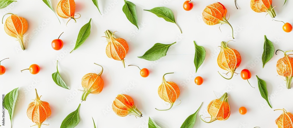 Aufkleber top view physalis with leaves on a white backdrop for your text in a flat lay pattern providing copy