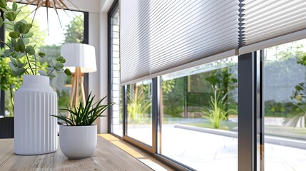 Modern interior window with energy-efficient cellular shades, featuring honeycomb design for superior thermal insulation and light control in a stylish home setting