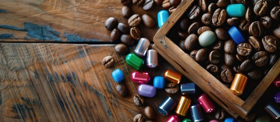 Wooden box holds coffee beans and colorful capsules on a table offering a copy space image from above
