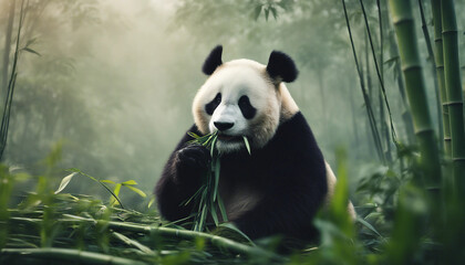 Obraz premium A panda eating bamboo in a lush forest, foggy morning 