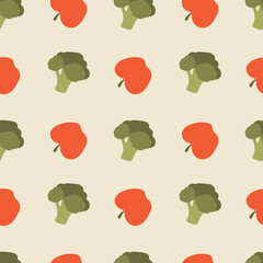 Broccoli, apple seamless pattern. Baby food, feeding. Vector illustration for fabric, background, packaging, wrapping paper