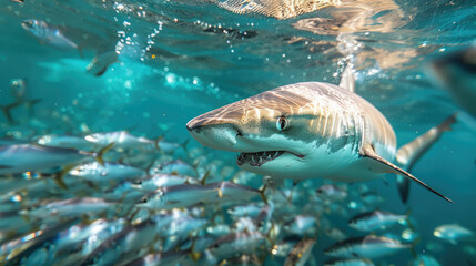Obraz premium Underwater view of a shark hunting in a school of sardines