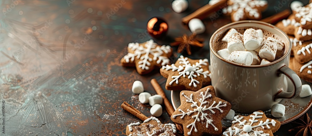 Aufkleber A holiday themed image featuring a cup of hot chocolate marshmallows gingerbread cookies on a table with space for text or logos. with copy space image. Place for adding text or design