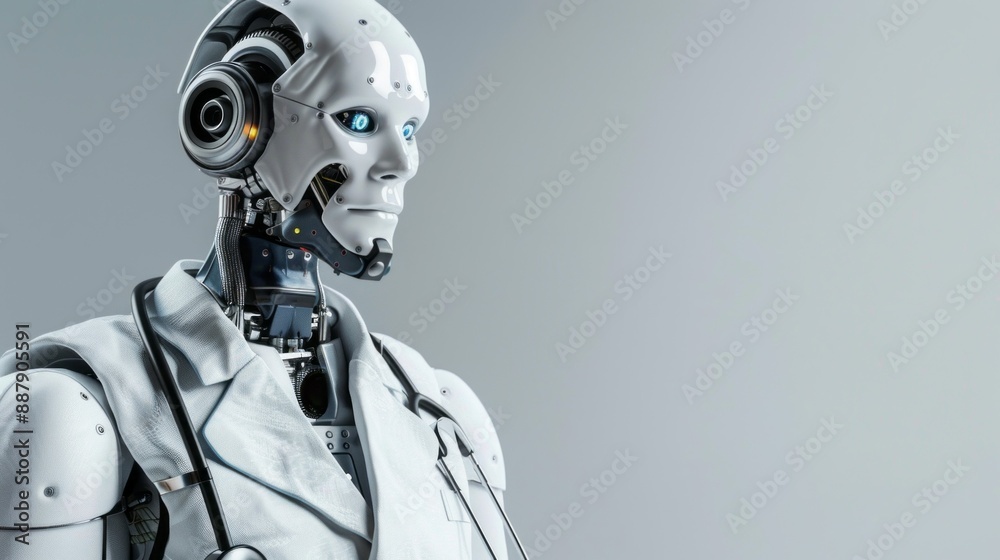 Poster a robot with a white lab coat and a stethoscope on its chest