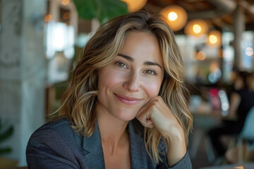 Jeune femme souriante avec cheveux ondulés et veste grise dans un environnement urbain moderne