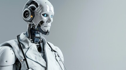 A robot with a white lab coat and a stethoscope on its chest