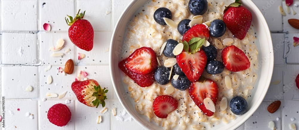 Poster A delicious bowl of oatmeal topped with strawberries blueberries and almond petals on a white tiled table in a close up image with an available area for text. with copy space image